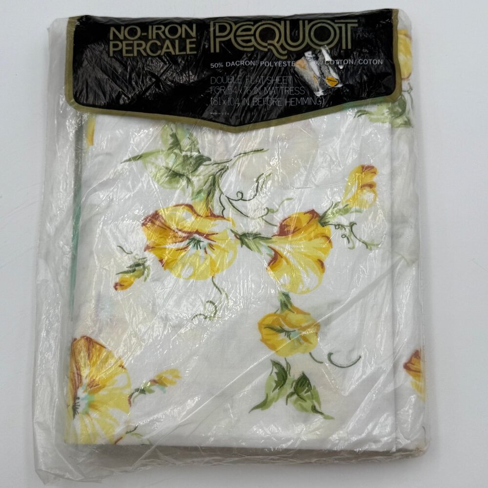 Vtg Pequot Yellow Floral Double Flat Sheet No Iron Percale Easy Care MCM Retro